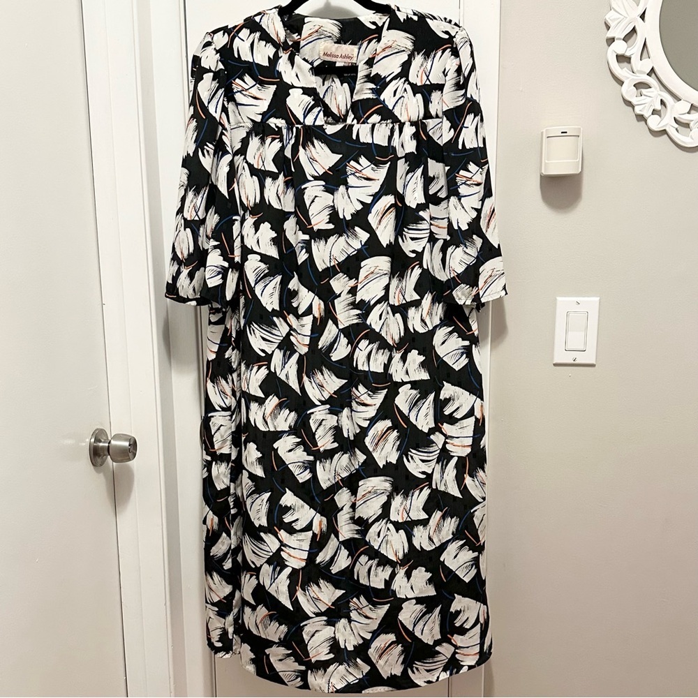 Vintage Melissa Ashley Midi Shift Dress Silky Black White Brush Print Light XL